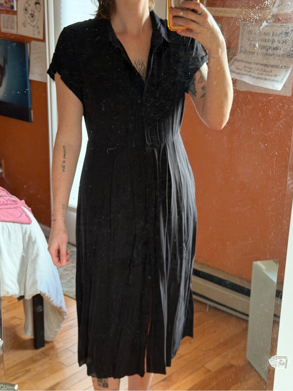 Time and Tru Black Pleated Button-Front Midi Dress